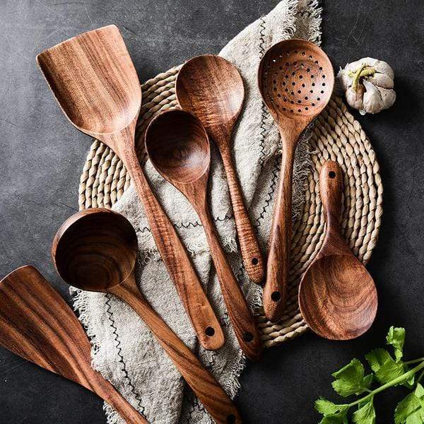 7pcs Teak Natural Wooden Utensil Set